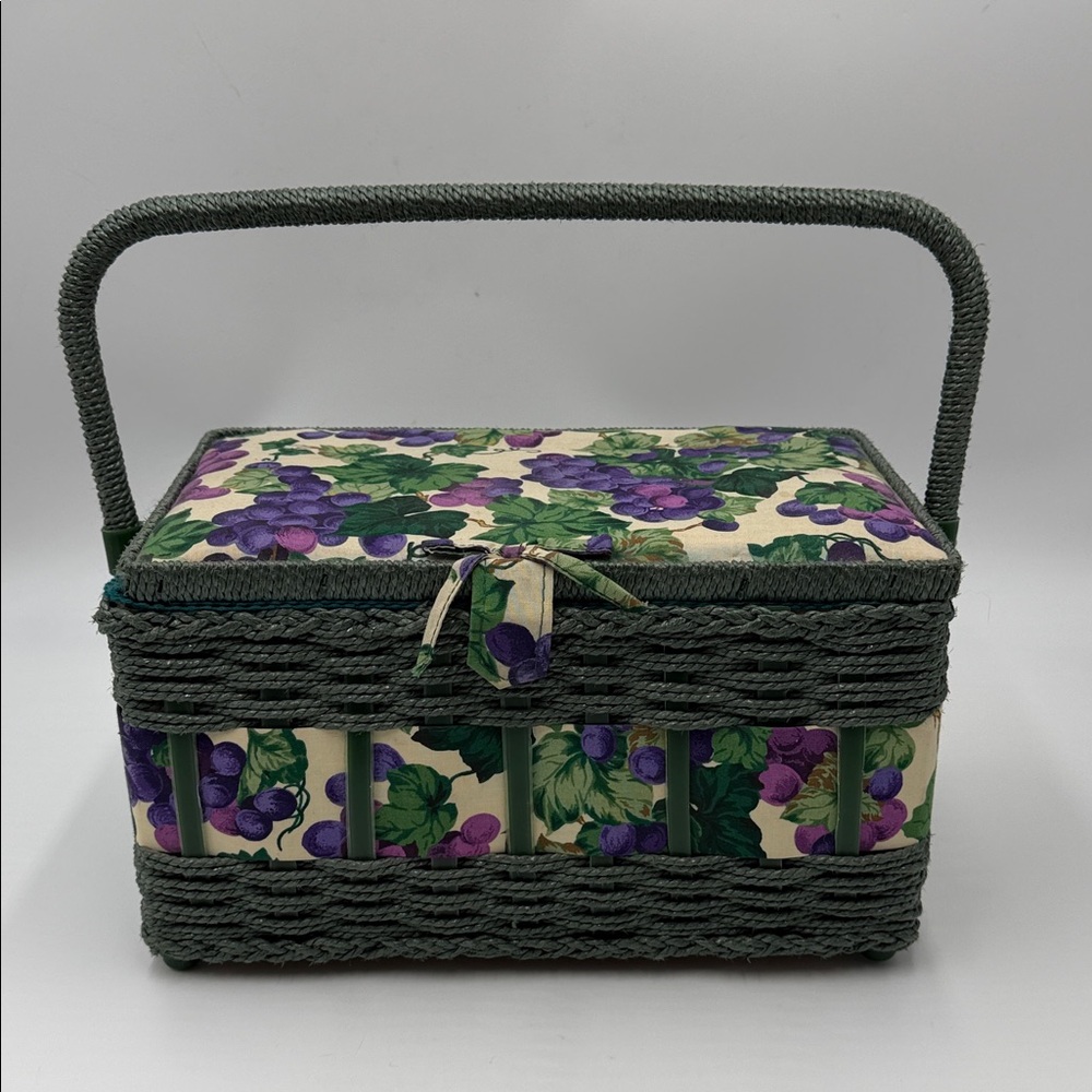 Vintage Sewing Basket Green Floral Tapestry w/Inside Tray Handle Wicker